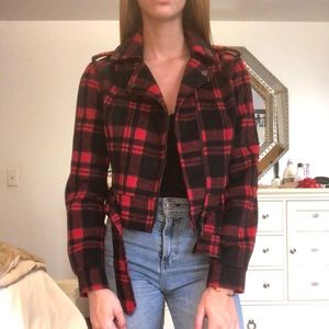Plaid Belted Moto Jacket - Small
